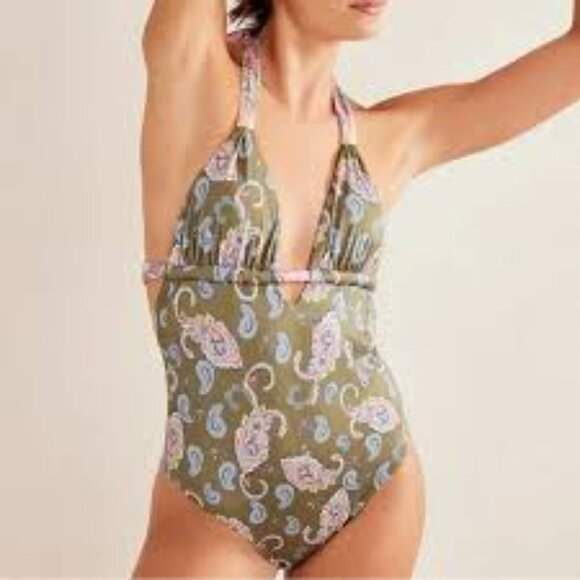 Boden British syle pink green beaded paisley one piece swimsuit size 10 - Picture 3 of 4